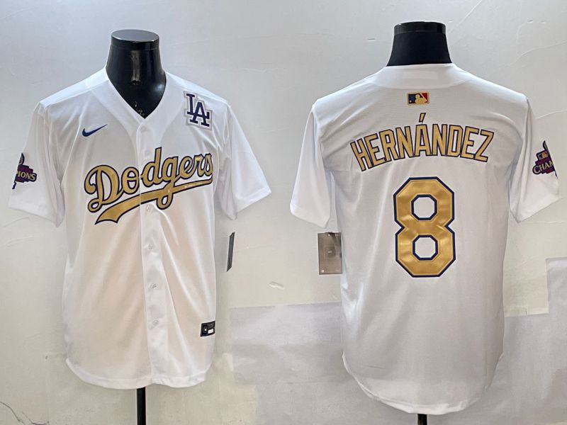 Men Los Angeles Dodgers 8 Hernandez White Champion gold character 2025 Nike MLB Jersey style 10